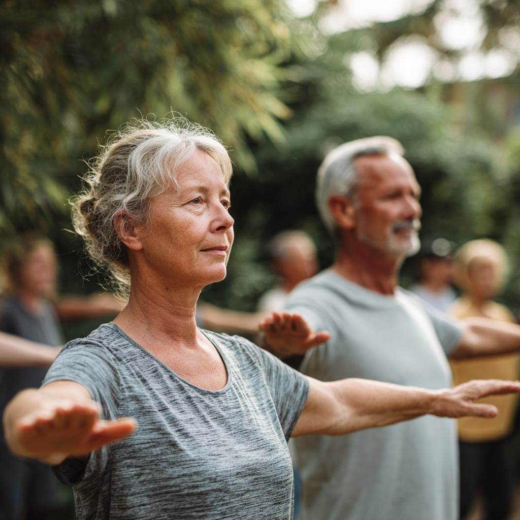Middle-aged adults practicing gentle movement exercises in natural outdoor setting