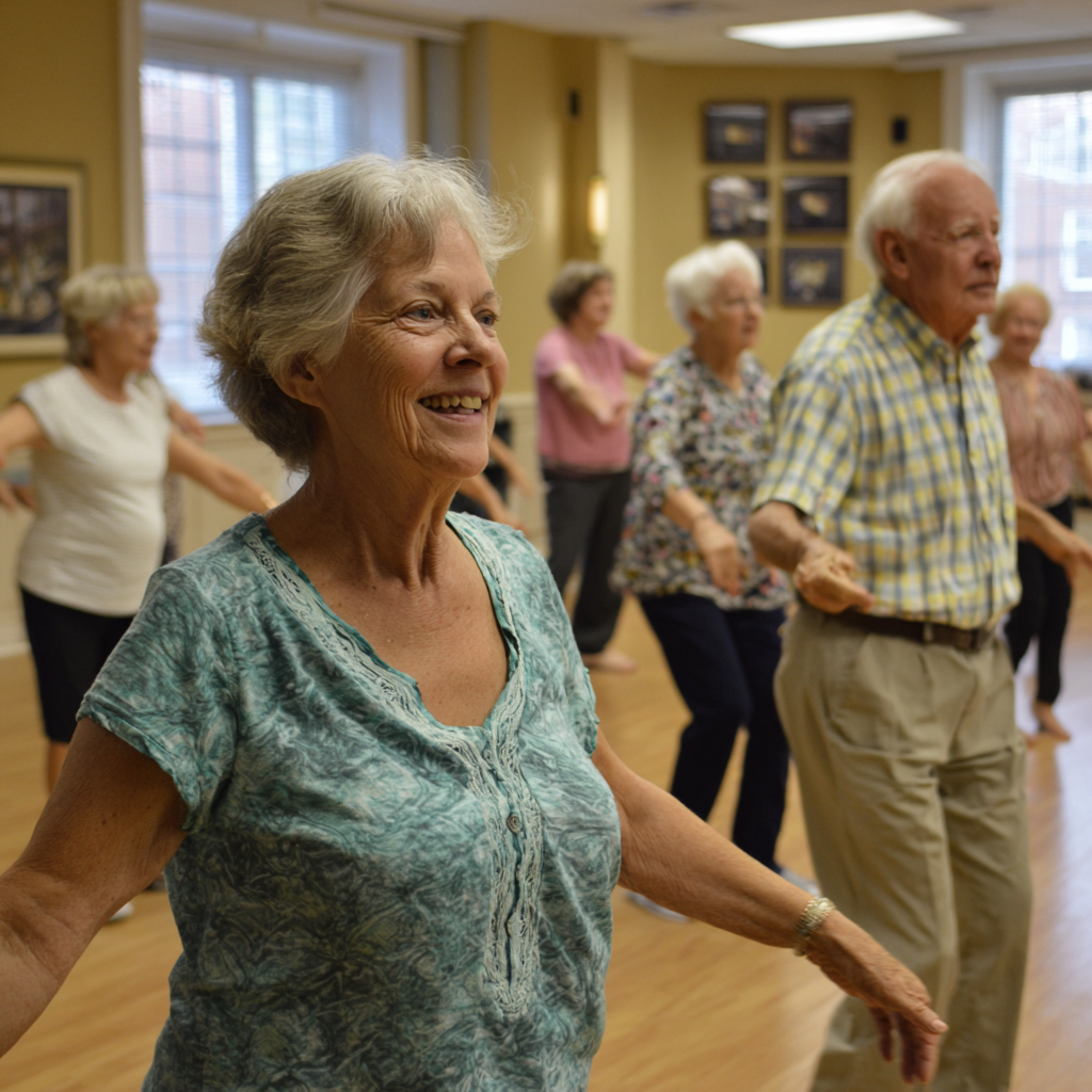 Older adults participating in gentle group exercise session led by horvelast instructors